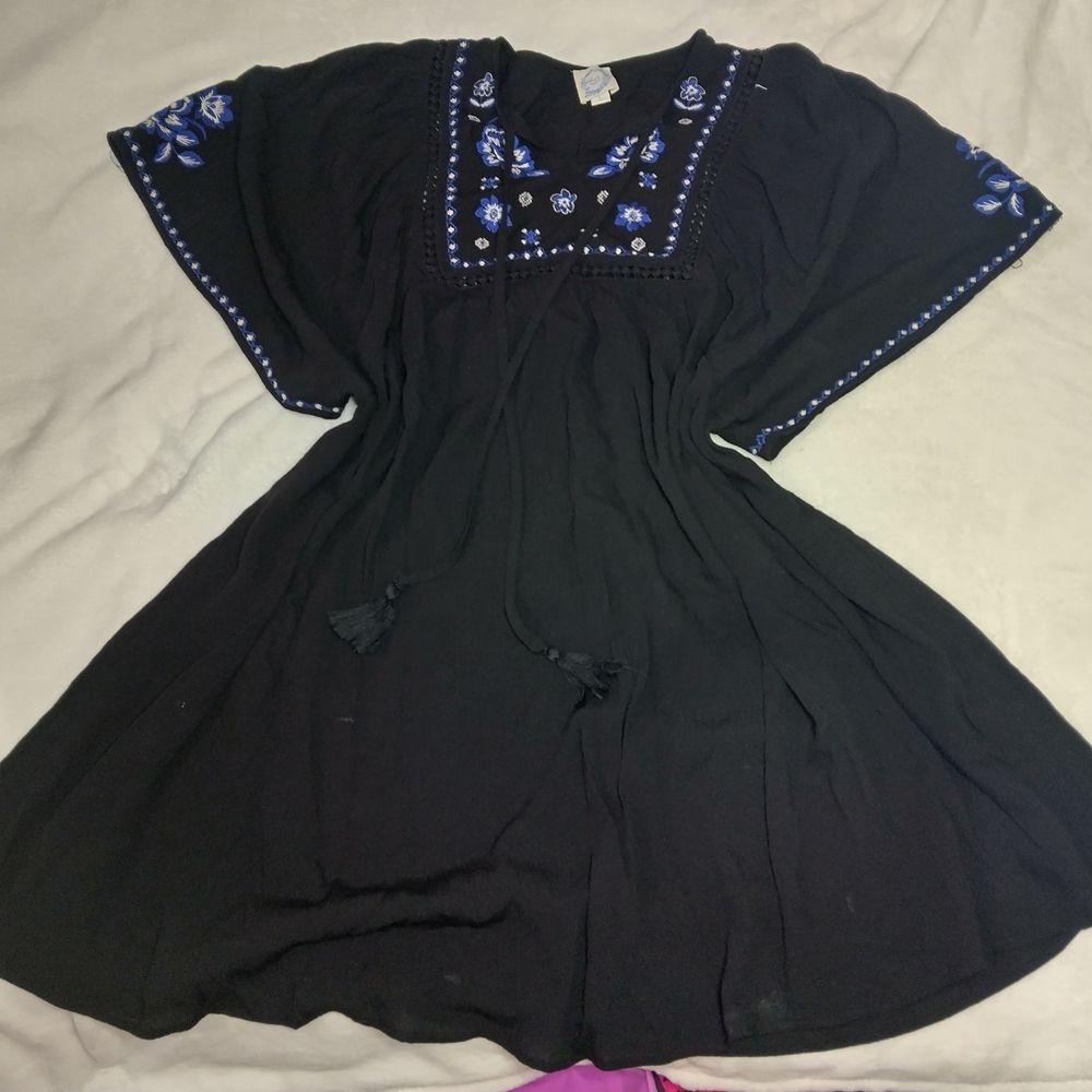 Blue Rain Black Dress with Blue Embroidery